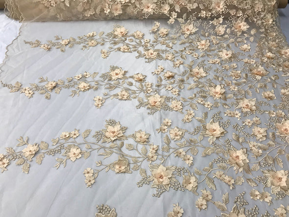 Champagne princess 3d floral design embroider and beaded with pearls on a mesh lace-prom-nightgown-dresses-fashion-apparel-sold by yard.