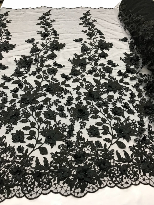 Black princess 3d floral design embroider and beaded with pearls on a mesh lace-dresses-prom-nightgown-fashion-apparel-sold by yard.