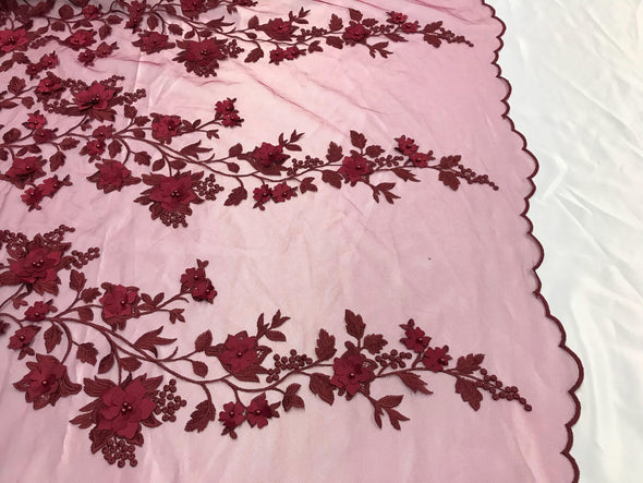 Burgundy princess 3d floral design embroider and beaded with pearls on a mesh lace-dresses-prom-nightgown-apparel-fashion-sold by yard.