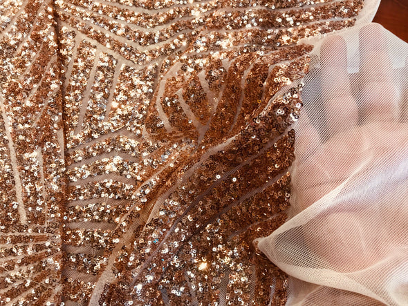 Blush pink geometric shiny sequins design embroider on a mesh-dresses-fashion-apparel-nightgown-prom-decorations-sold by the yard.