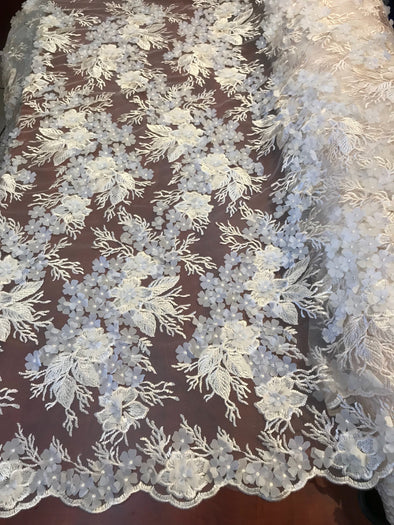Cream 3d royalty floral design embroider on a mesh lace-dresses-fashion-decorations-prom-nightgown-apparel-sold by the yard.