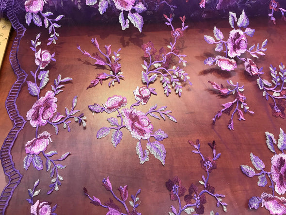 Purple-lillac multi color floral design embroider on a mesh lace-dresses-apparel-fashion-prom-nightgown-decorations-sold by the yard.