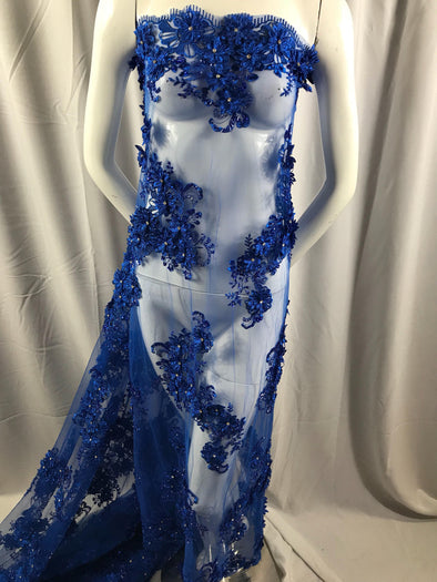 Royal blue metallic goddess 3d floral design embroider and beaded with rhinestones on a mesh lace-dresses-prom-nightgown-sold by yard.