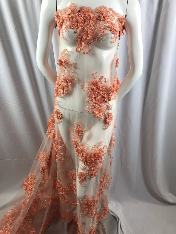Peach metallic goddess 3d floral design embroider and beaded with rhinestones on a mesh lace-dresses-fashion-prom-nightgown-sold by yard.