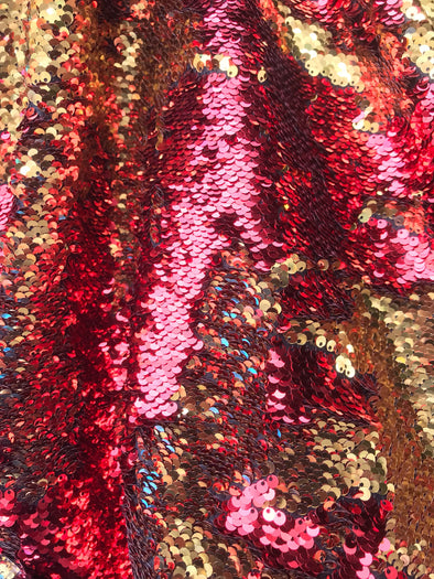Red-gold shiny mermaid sequins embroider on a 2 way Stretch spandex-flip Sequins-appparel-fashion-decorations-nightgown-sold by the yard.