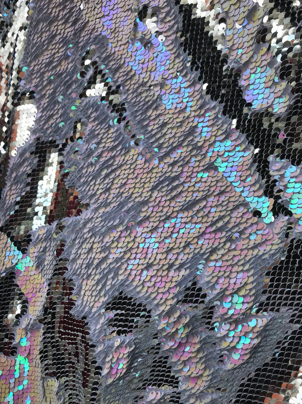 Pink shell iridescent-silver shiny mermaid sequins embroider on a 2 way Stretch spandex-apparel-fashion-decorations-nightgown-sold by yard.