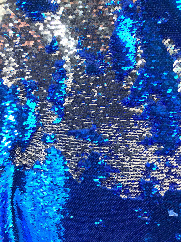 Royal blue-silver shiny flip sequins-mermaid fish scales embroider on a 2 way stretch spandex-dresses-fashion-apparel-pillows-sold by yard.