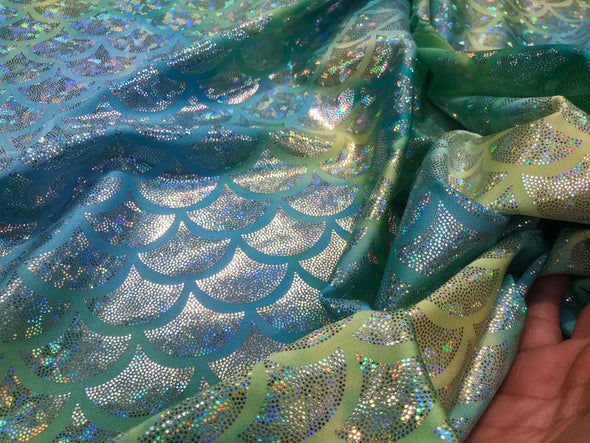 Green tie dyed iridescent mermaid fish scales on 2 way Stretch spandex-dragon scales-leggings-skirts-dresses-fashion-sold by the yard.