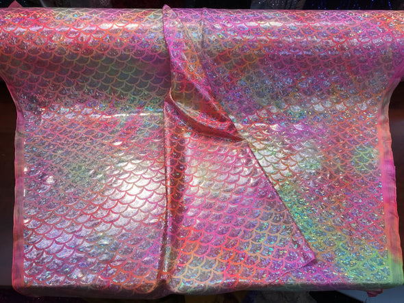 Pink tie dyed iridescent mermaid fish scales on a 2 way stretch nylon spandex-dragon scales-dresses-fashion-skirts-leggings-sold by the yard