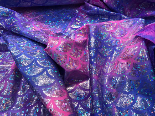 Purple tie dyed iridescent mermaid fish scales on a 2 way stretch nylon spandex-dragon scales-dresses-fashion-skirts-legging-sold by yard.