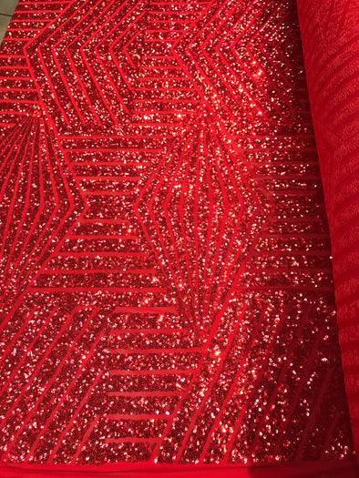 Red sequins geometric design embroider on a red 4 way Stretch power mesh-dresses-fashion-prom-apparel-nightgown-sold by the yard.