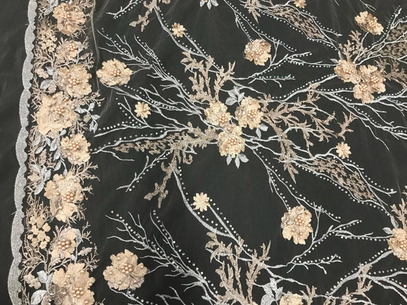 Champagne floral design metallic embroider with pearls and iridescent rhinestones on a nude mesh-dresses-prom-nightgown-sold by yard..
