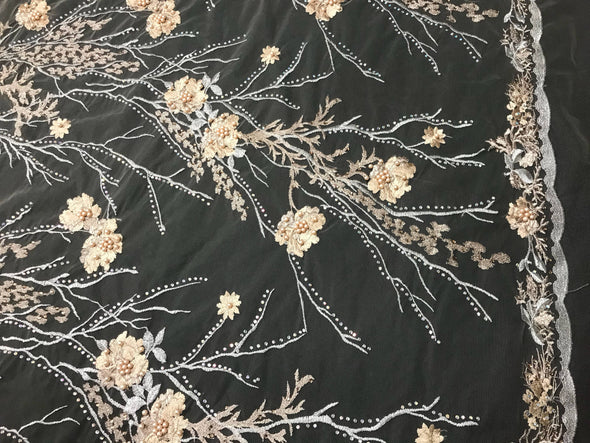 Champagne floral design metallic embroider with pearls and iridescent rhinestones on a nude mesh-dresses-prom-nightgown-sold by yard..