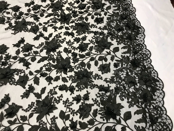 Black princess 3d floral design embroider and beaded with pearls on a mesh lace-dresses-prom-nightgown-fashion-apparel-sold by yard.