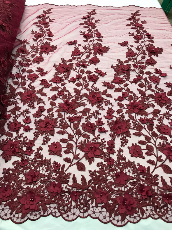 Burgundy princess 3d floral design embroider and beaded with pearls on a mesh lace-dresses-prom-nightgown-apparel-fashion-sold by yard.
