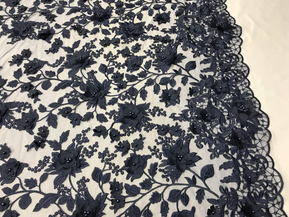 Navy blue princess 3d floral design embroider and beaded with pearls on a mesh lace-prom-nightgown-apparel-fashion-dresses-sold by yard.