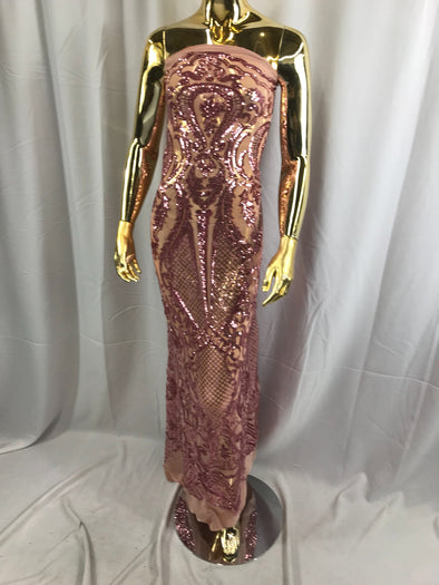 Dusty rose princess design embroider with shiny sequins on a 4 way stretch power mesh-dresses-fashion-prom-nightgown-sold by the yard.