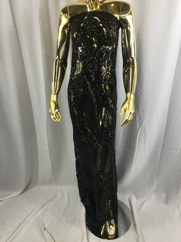 Black princess design embroider with shiny sequins on a 4 way stretch power mesh-dresess-prom-fashion-nightgown-apparel-sold by the yard.