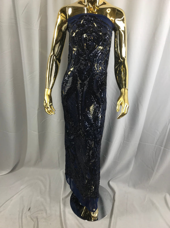 Navy blue princess design embroider with shiny sequins on a 4 way stretch power mesh-dresses-fashion-prom-nightgown-sold by the yard.