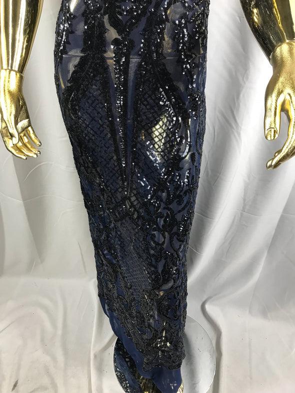 Navy blue princess design embroider with shiny sequins on a 4 way stretch power mesh-dresses-fashion-prom-nightgown-sold by the yard.