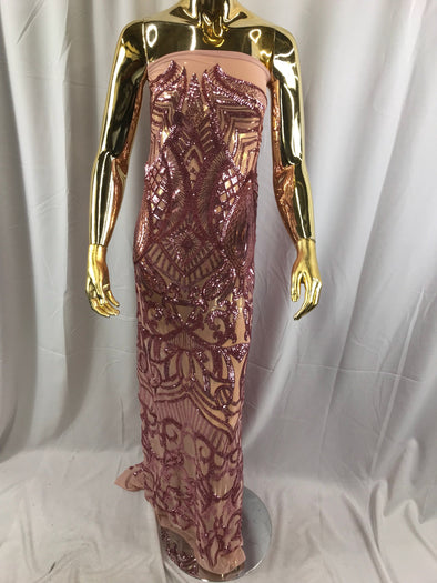 Dusty rose royalty design embroider with shiny sequins on a 4 way stretch power mesh-dresses-prom-nightgown-fashion-sold by the yard.