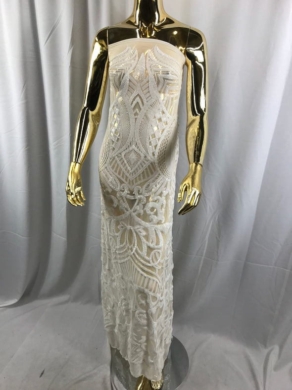 White royalty design embroider with shiny sequins on a 4 way stretch power mesh-dresses-fashion-prom-nightgown-sold by the yard.