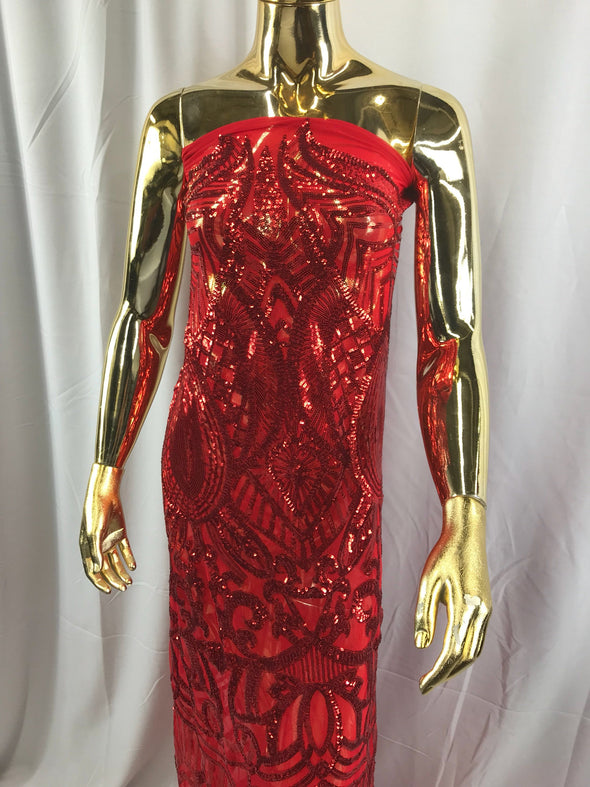 Red royalty design embroider with shiny sequins on a 4 way stretch power mesh-dresses-fashion-prom-nightgown-sold by the yard.