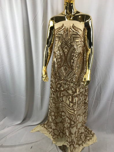Gold royalty design embroider with shiny sequins on a 4 way stretch power mesh-dresses-fashion-prom-nightgown-sold by the yard.