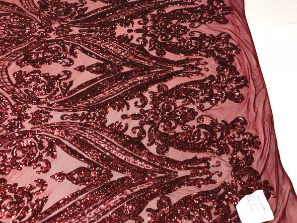 Burgundy empire design embroider with shiny sequins on a 4 way Stretch power mesh-dresses-fashion-prom-nightgown-sold by the yard.