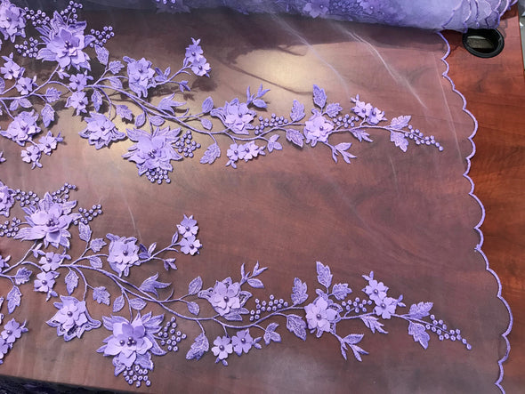 Lavender princess 3d floral design embroider with pearls in a mesh lace-dresses-fashion-decorations-prom-nightgown-sold by the yard.
