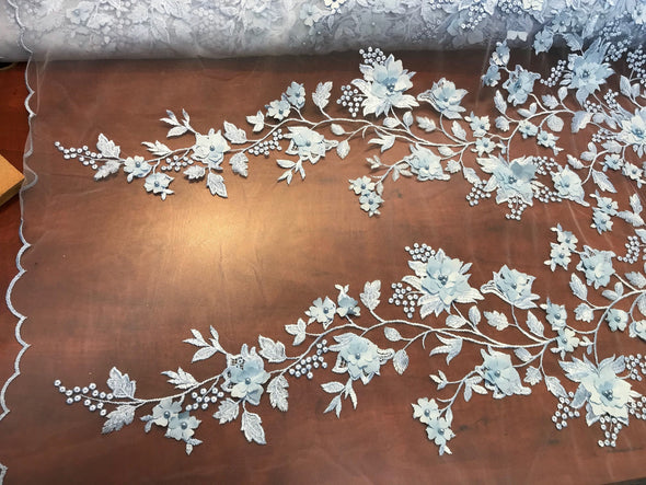 Light blue princess 3d floral design embroider with pearls on a mesh lace-dresses-fashion-prom-nightgown-decorations-sold by the yard.