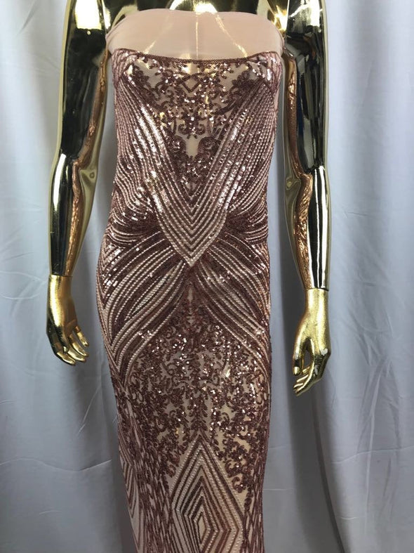 Rose gold geometric diamond design embroider with sequins on a 4 way stretch power mesh-dresses-fashion-prom-nightgown-sold by yard.