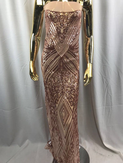 Rose gold geometric diamond design embroider with sequins on a 4 way stretch power mesh-dresses-fashion-prom-nightgown-sold by yard.