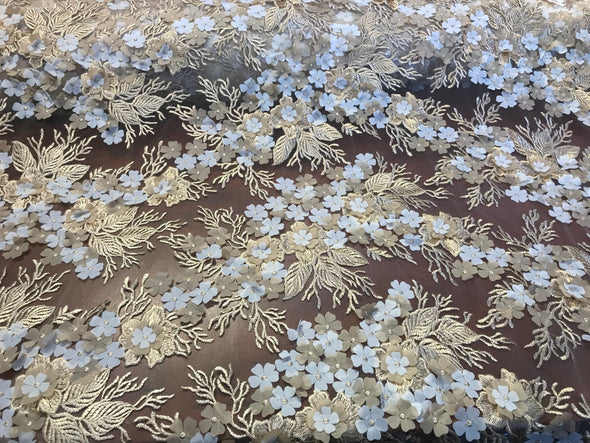 Champagne-ivory 3d royalty floral design embroider on a mesh lace-prom-dresses-fashion-decorations-nightgown-sold by the yard.