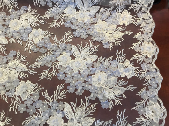 Cream 3d royalty floral design embroider on a mesh lace-dresses-fashion-decorations-prom-nightgown-apparel-sold by the yard.
