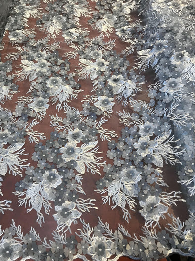 Gray-silver 3d royalty floral design embroider on a mesh lace-dresses-fashion-apparel-nightgown-decorations-sold by the yard.