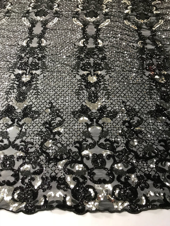 Black-shiny silver damask design embroider with sequins on a mesh lace-dresses-fashion-decorations-apparel-prom-nightgown-sold by yard.