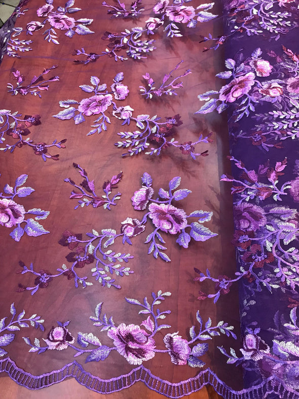 Purple-lillac multi color floral design embroider on a mesh lace-dresses-apparel-fashion-prom-nightgown-decorations-sold by the yard.