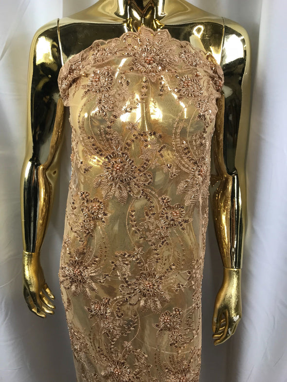 Dark gold hand beaded floral design embroider on a mesh lace-dresses-fashion-prom-nightgown-decorations-sold by the yard.