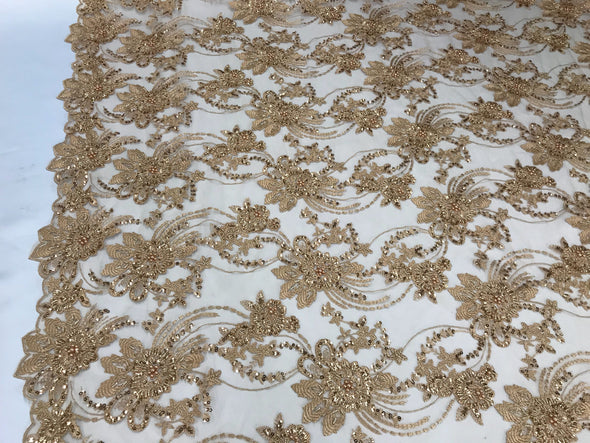 Dark gold hand beaded floral design embroider on a mesh lace-dresses-fashion-prom-nightgown-decorations-sold by the yard.