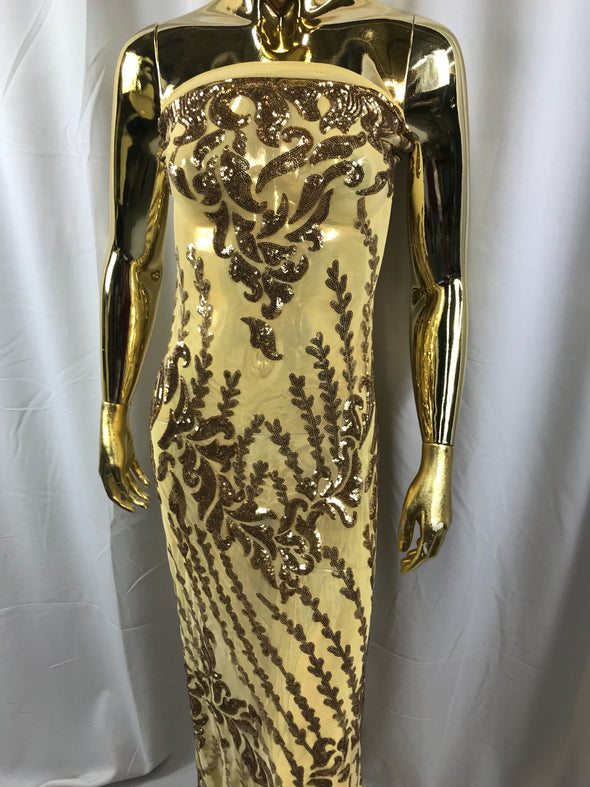 Gold 4 way Stretch power mesh lace embroidered with shiny sequins-dresses-fashion-prom-nightgown-apparel-decorations-sold by the yard.