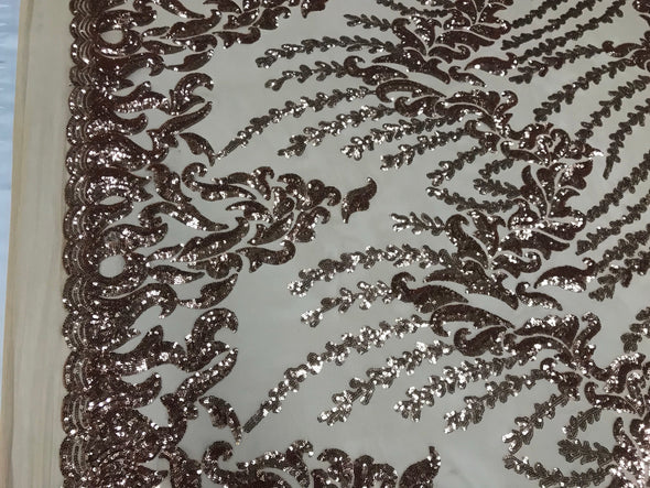 Rose gold 4 way Stretch power mesh lace embroidered shiny sequins-dresses-fashion-prom-nightgown-apparel-decorations-sold by the yard.