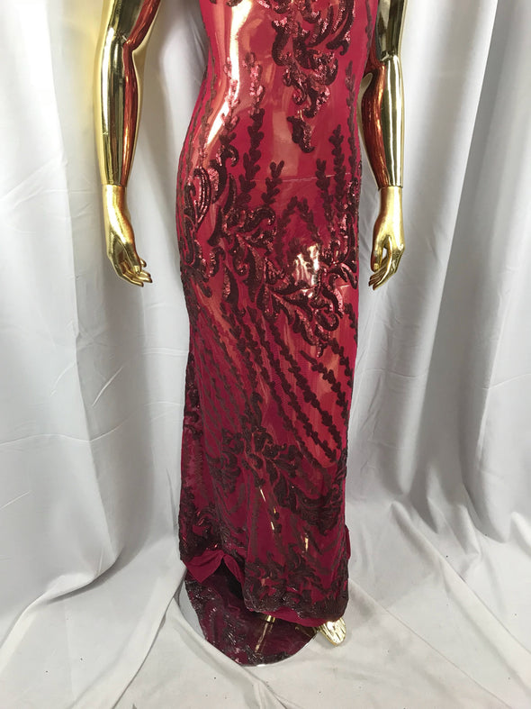 Burgundy 4 way Stretch power mesh lace embroidered with matt sequins-dresses-fashion-apparel-prom-nightgown-decorations-sold by the yard.