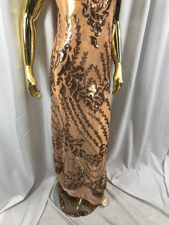 Nude-skin color 4 way Stretch power mesh lace embroidered with shiny sequins-dresses-fashion-apparel-prom-nightgown-decorations-sold by yard