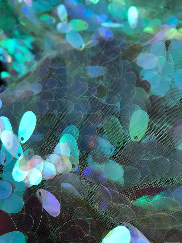 Mint green iridescent teardrop sequins-mermaid scales-dresses-fashion-apparel-dresses-cushions-backdrops-nightgown-sold by the yard.