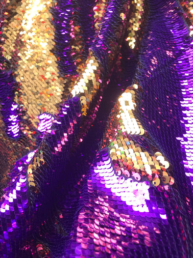 Purple-gold shiny mermaid sequins embroider on a 2 way Stretch spandex-flip Sequins- dresses-fashion-apparel-nightgown-sold by the yard.