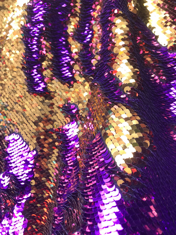Purple-gold shiny mermaid sequins embroider on a 2 way Stretch spandex-flip Sequins- dresses-fashion-apparel-nightgown-sold by the yard.