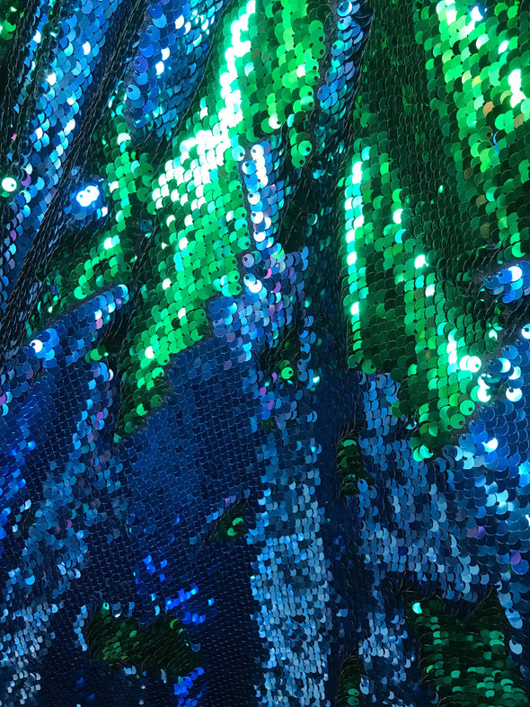 Green-turquoise shiny mermaid sequins embroider on a 2 way Stretch spandex-apparel-fashion-nightgown-decorations-sold by the yard.