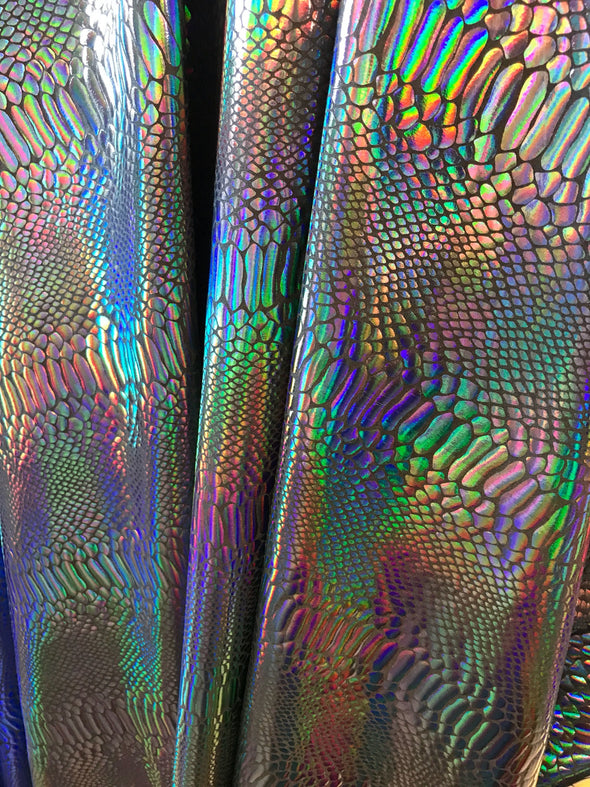 Black iridescent snake skin print on a 2 way Stretch spandex Lycra-dresses-fashion-leggings-decorations-nightgown-sold by yard.
