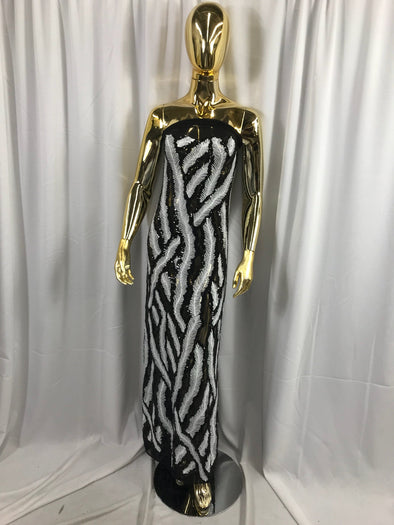Black-white feathers design embroider with shiny-matt sequins on a 4 way stretch power black mesh-dresses-prom-nightgown-sold by the yard.